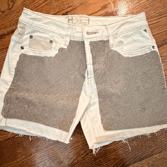 Free People Pants - One of a Kind- Free People Cream Denim Shorts with Rhinestone Detail